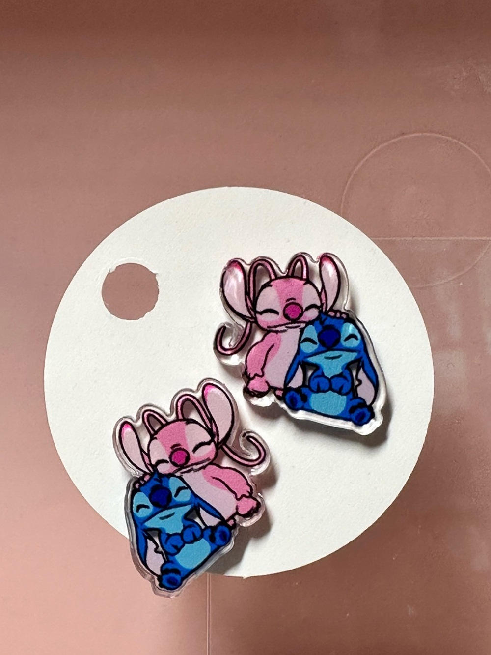 Pink & Blue Small acrylic earrings Duo - Cute Hugging Characters